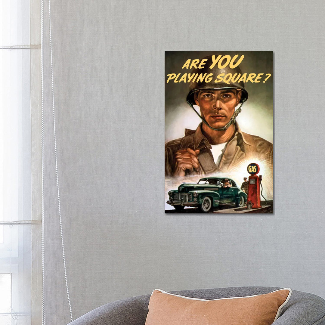 WWII Propaganda Poster Of A Soldier Overlooking A Man At The Gas Pump by Stocktrek Images - Wrapped Canvas Print