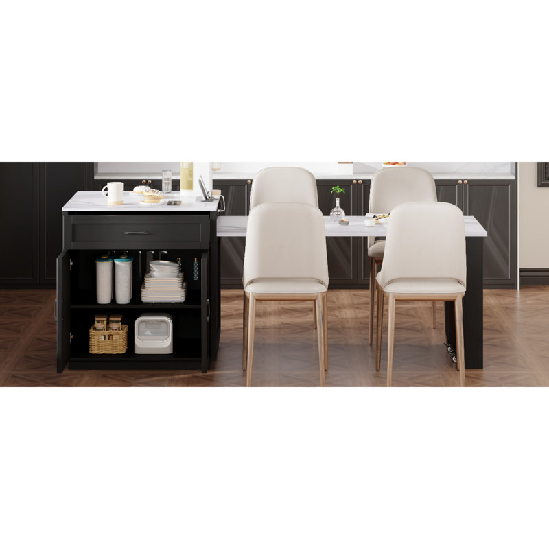 Îlot de cuisine noir moderne avec salle à manger extensible, double rangement, 2 tiroirs, prises de courant, table de salle à manger en faux marbre pour 4-6 personnes, comptoir, prise de courant, base