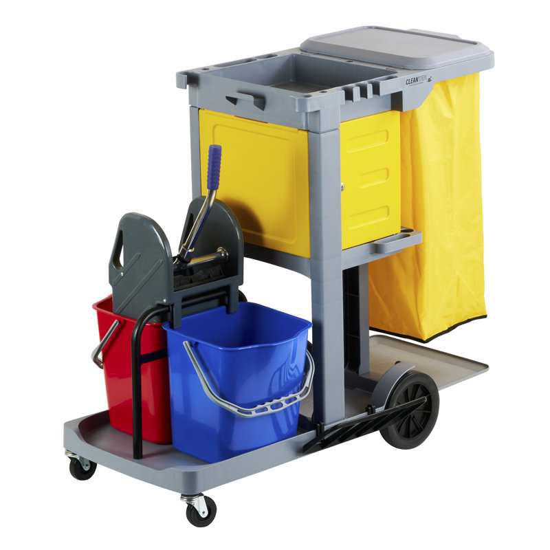 Chariot de cuisine professionnel à 3 tablettes avec roulettes, 1 chariot de nettoyage avec couvercle et sac de 18 gallons - Comprend 1 armoire verrouillable, 1 essoreuse et 2 seaux, un chariot de conciergerie en plastique gris