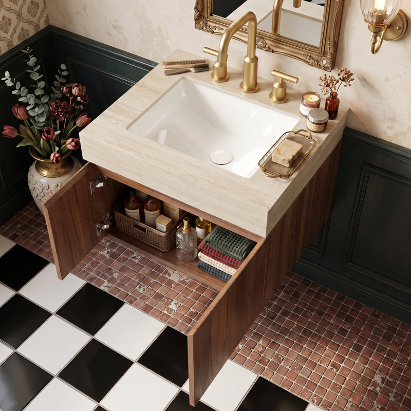 Meuble-lavabo mural simple 24 po avec surface solide 24 po, Chêne brun