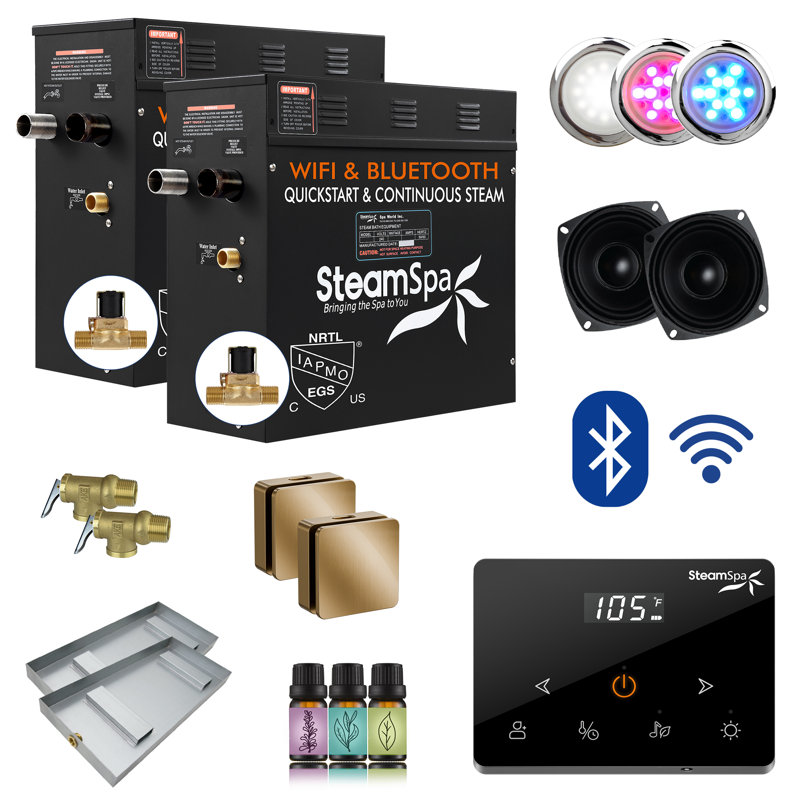 Black Series 15KW Steam Bath Generator With Advanced Touch Screen, BLUETOOTH WIFI Control, And Auto Drain In Gold