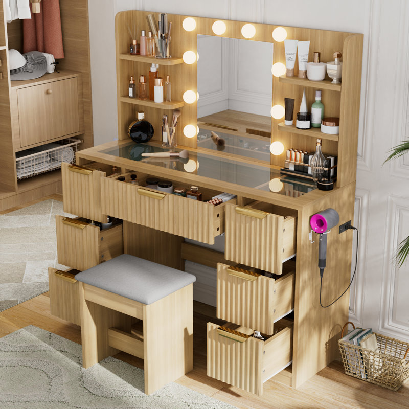 Meuble-lavabo avec miroir à DEL Tovae, Bois naturel