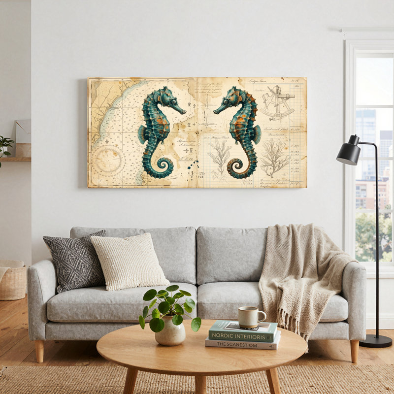 Ensemble de 1 tableau sur toile représentant une carte des hippocampes, L 40 po x H 20 po, Toile tendue