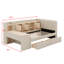 Lit de jour rembourré avec tiroirs, tablettes, armoires rabattables et table d'appoint-776264296