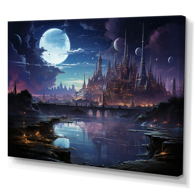 Science-fiction, paysage urbain de nuit, H 24 po x l 32 po x P 1 po, Toile tendue