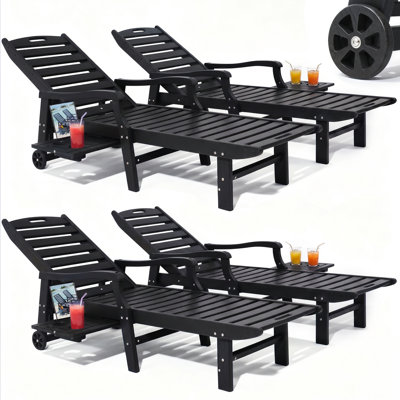 Chaise longue de piscine en polyéthylène haute densité toutes saisons avec roulettes et table-plateau coulissante rétractable, lit de soleil inclinable à 5 positions et porte-gobelets pour la terrasse de la piscine (1 PCS / 2 PCS / 4 PCS)