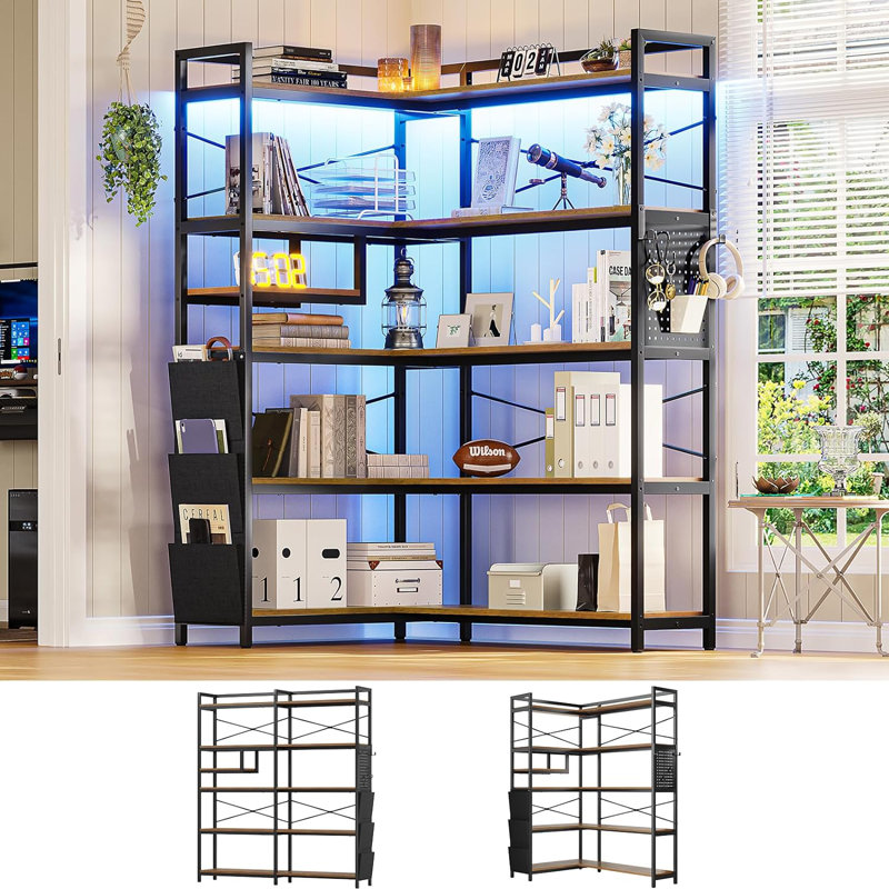 Rustic Brown 5-Tier Convertible Corner Bookshelf with LED Light