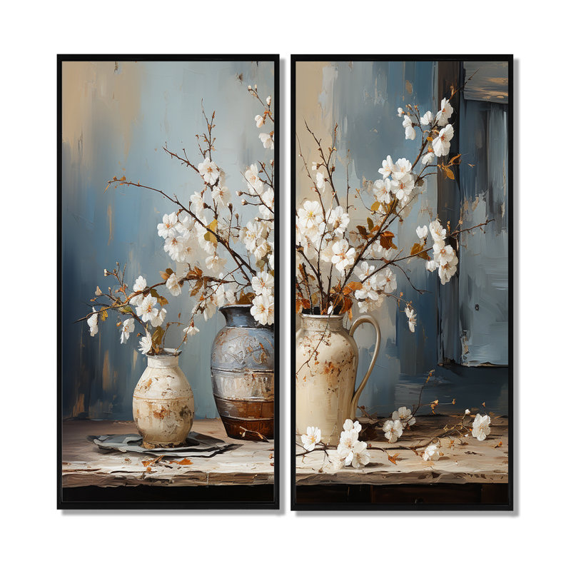Art mural de poterie et de fleurs nature morte I - grands arbres, H 20 po x l 24 po, Noir, Impression encadrée flottante