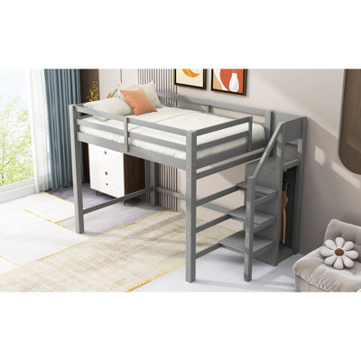 Lit mezzanine gris avec rangement et ascension - Maximisez la capacité de la chambre à coucher en bois de pin encastré