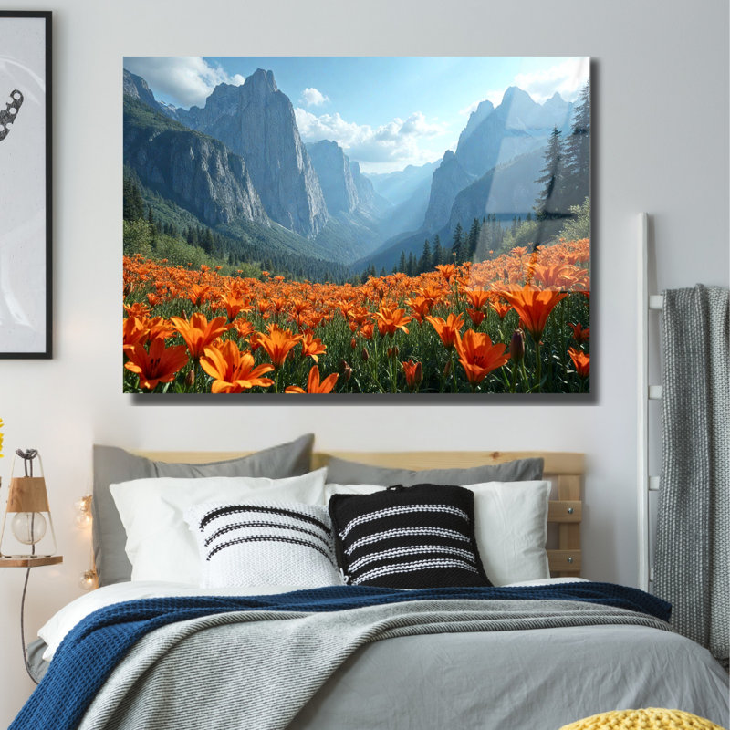 Art mural en verre trempé orange avec coquelicots - paysage du parc national de Yosemite, H 8 po x l 12 po
