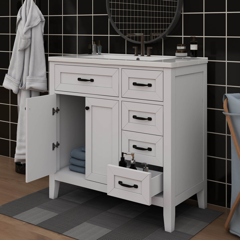 Meuble-lavabo simple 36 po avec tiroirs pratiques, Blanc