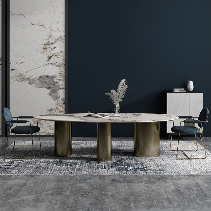 Plateau de table ovale blanc en pierre frittée avec table de salle à manger en acier inoxydable, 29.53"H x 62.99"L x 31.5"W