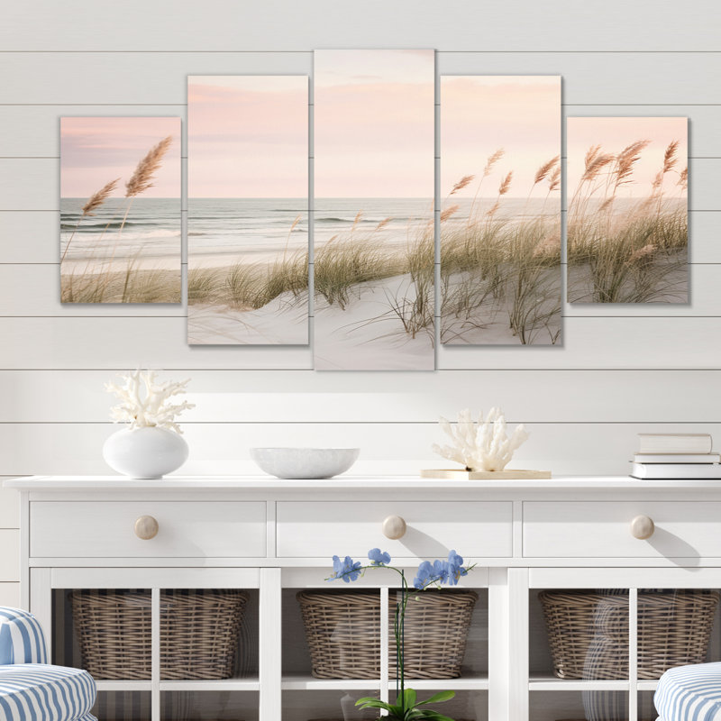 «Ocean Spring Bliss Tender Pastel Beach Grass III» - Art mural sur toile de plage - 5 panneaux