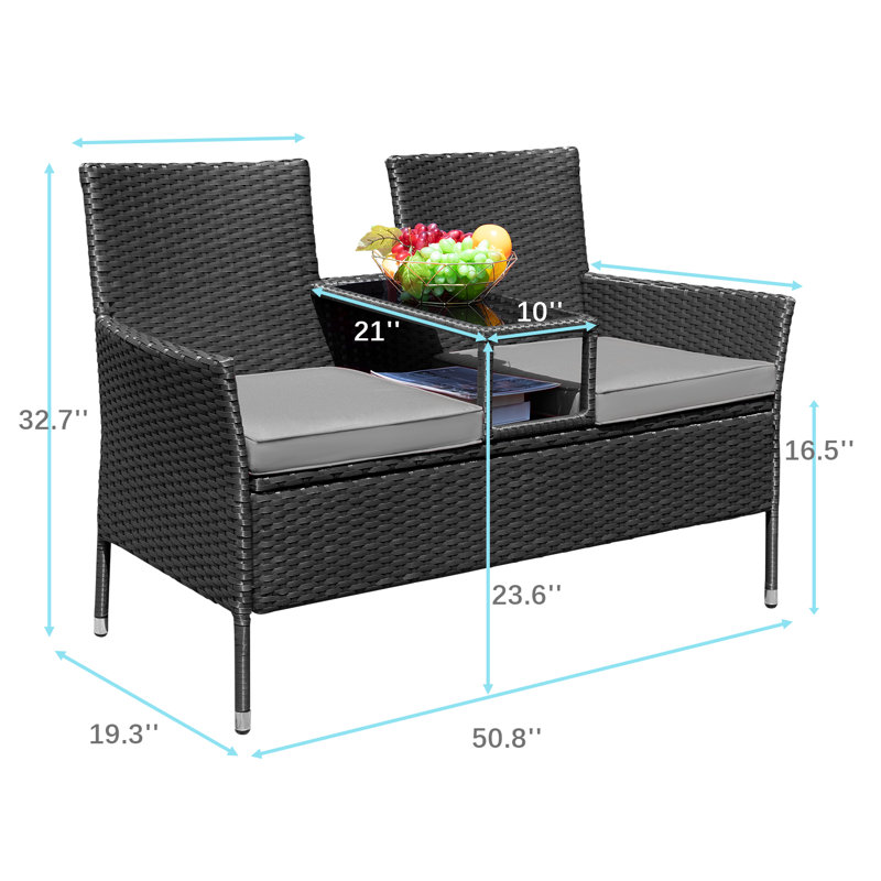Ensemble de conversation en rotin 3 pièces avec table intégrée pour jardin Margueriez, gris
