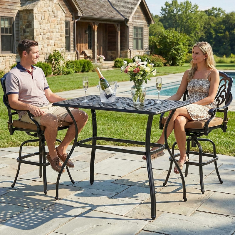  3-Piece Patio Swivel Bar Set, All-Weather Cast Aluminum Outdoor Bar Height Bistro Set With 2 Cushioned Bar Stools With Footrest And 42" Rectangle High Top Bar Table For Deck, Poolside, Garden