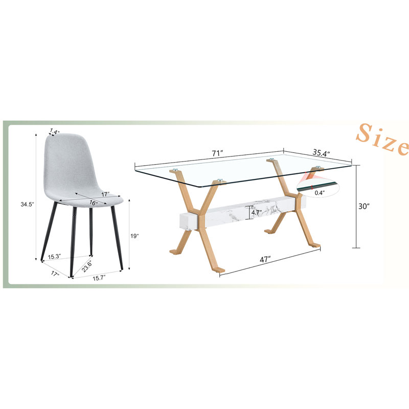 Table en verre transparent de 71 po x 35,4 po et 6 chaises en lin gris, confortable pour les réunions de famille avec un tissu simple et élégant