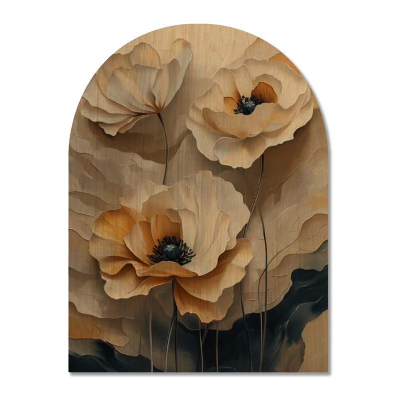 Coquelicots crème opulents II - Affiche murale florale en bois arqué, H 32 po x l 24 po, Arch