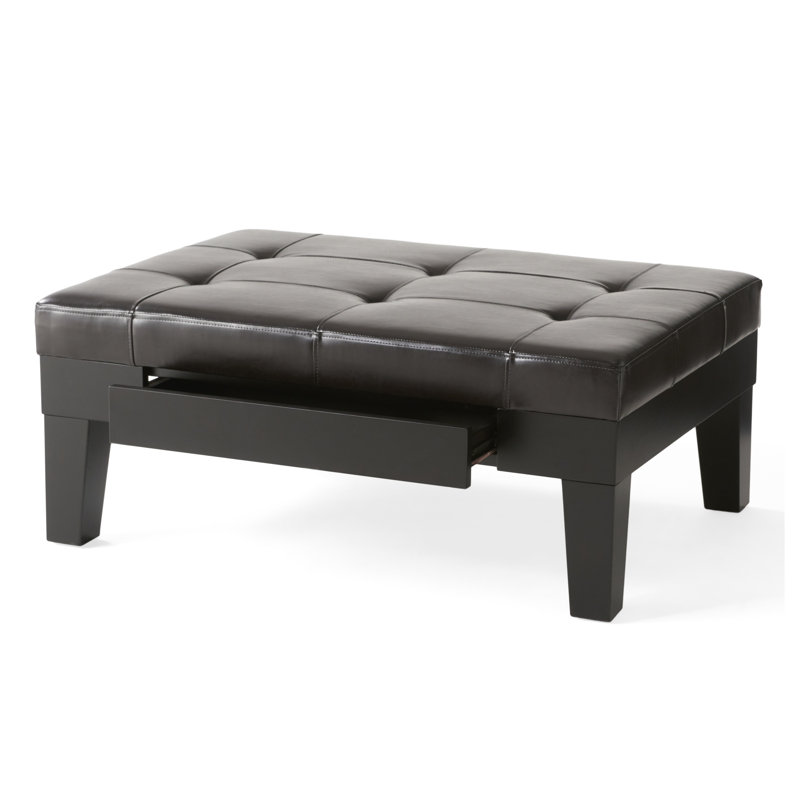 Repose-pieds de rangement CHATHAM avec tiroir coulissant, finition en cuir polyuréthane café foncé, pieds carrés en bois franc fuselé