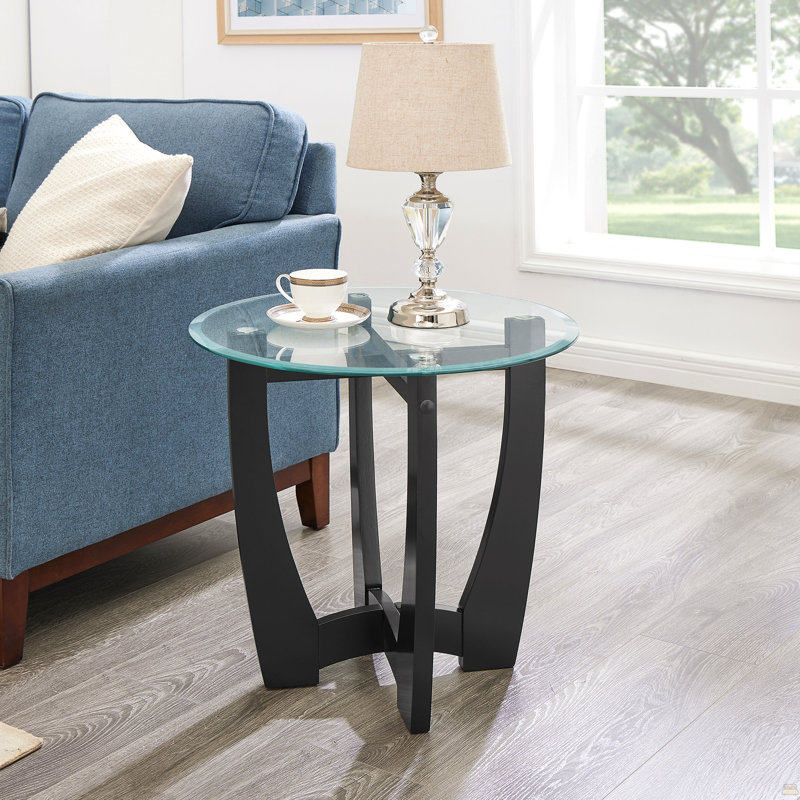 23.5 Inch Round Glass Coffee Table, Black Round Coffee Table Center Table With Glass Top, Black