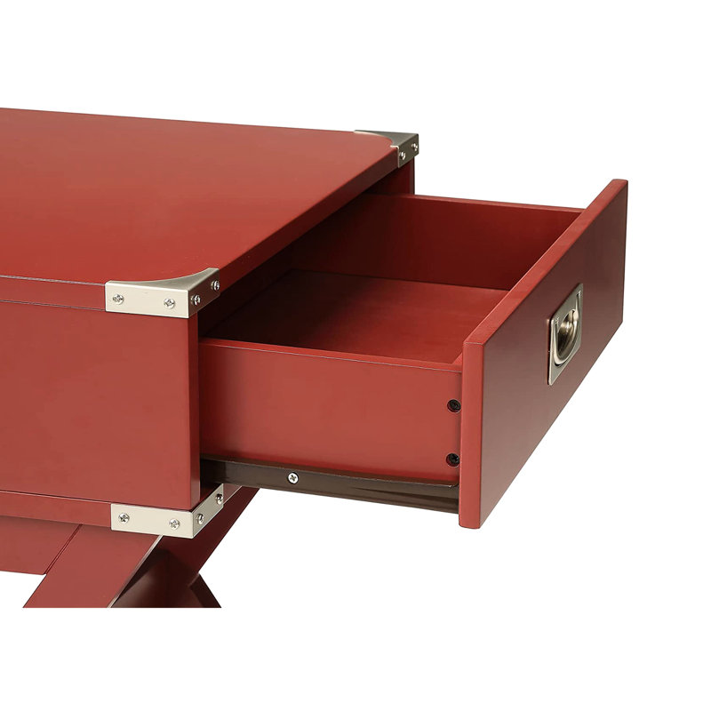 Square Side Table Of Red, Metal Corners, Kd, Wooden "X" Shape Base, Drawer Size 15X9x3, Glide Metal, Crossbar, In Primary Room Red With Top, Storage, Crossbar Support, For Home Living Area