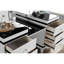 Meuble-lavabo 1 pièce avec miroir à trois volets, 14 ampoules, surface en verre noir, tiroirs doublés de feutre et tabouret rembourré assorti au design blanc contemporain pour la chambre à coucher