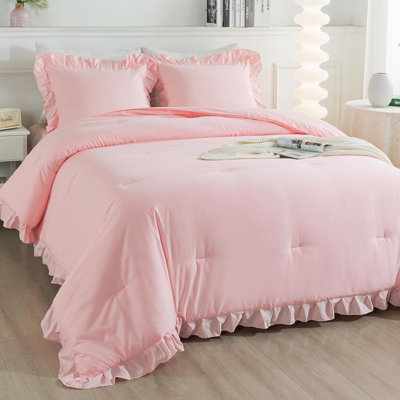 Pink Comforter Set Queen Size, 3 Pieces Solid Pink Ruffle Shabby Chic Comforter Set For Queen Bed, All Season Vintage Rustic Soft Microfiber Bedding Set For Women Girls