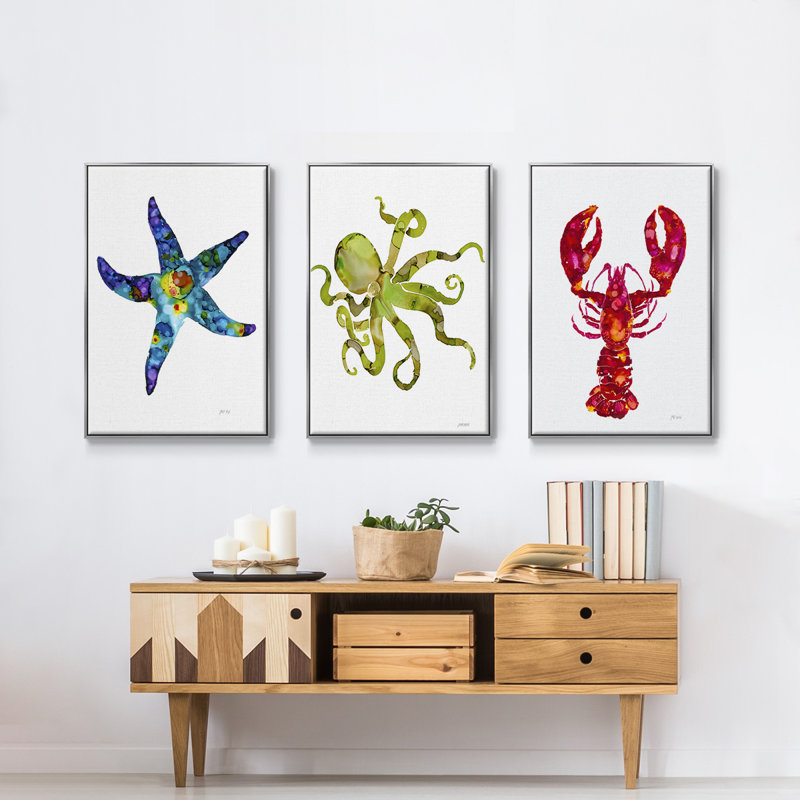 Homard, impression sur toile 3 pièces, Argent, H 36 po x l 72 po x P 2 po