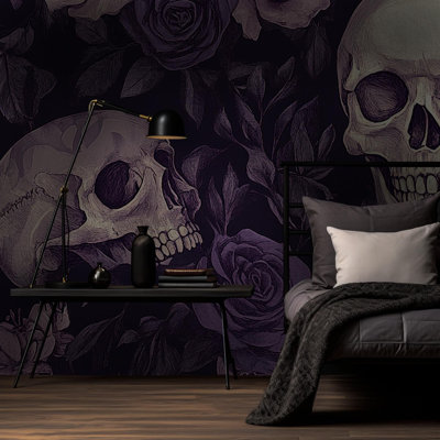 Papier peint mural gothique crâne et rose mauve | Papier peint floral crâne sombre et mystérieux | Intissé ou autocollant