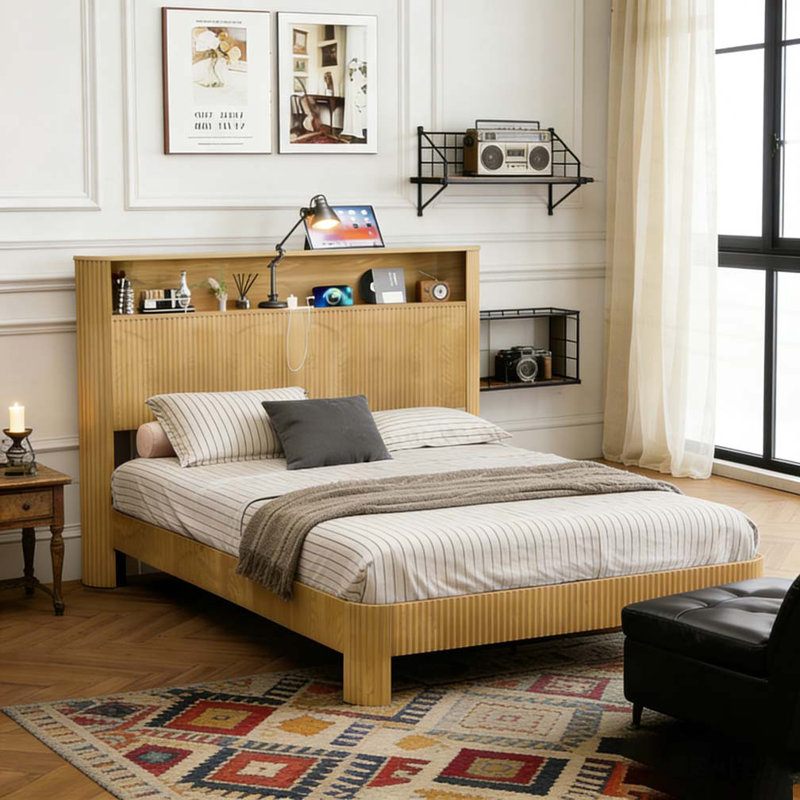Base de lit grand avec tête de lit, Naturel