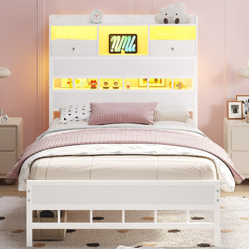 Twin Size Bed Frames With Headboard And 5 Storage Shelves & Under Bed Storage, Platform Bed Frames Twin With Led & Charging Station,no Box Spring Needed