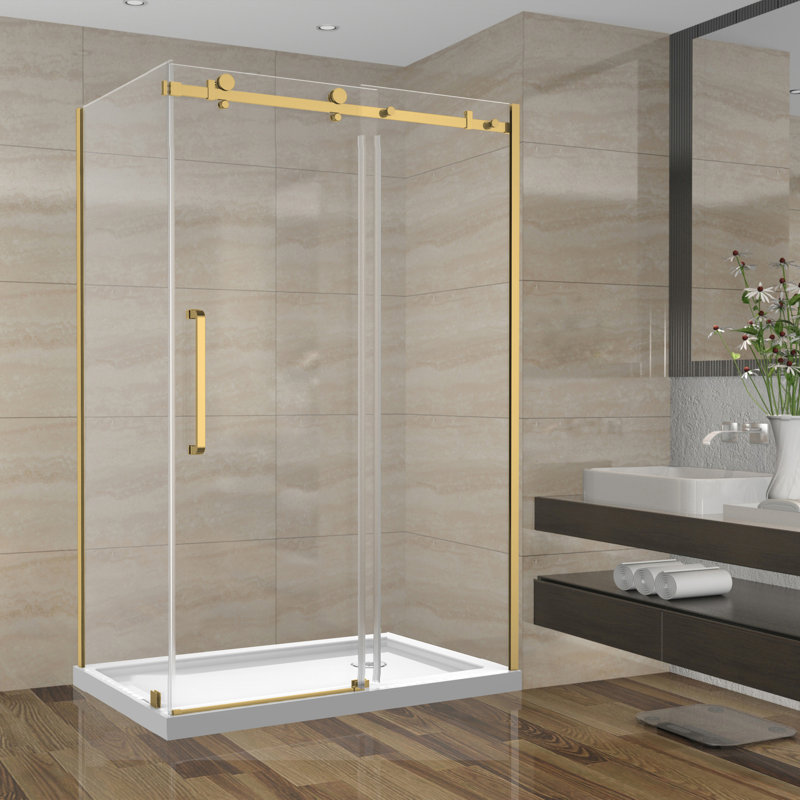 Porte de douche coulissante réversible de 48 po x l 32 po x H 75 po x 10 mm Sera avec quincaillerie carrée en or brossé et panneau latéral 32 po