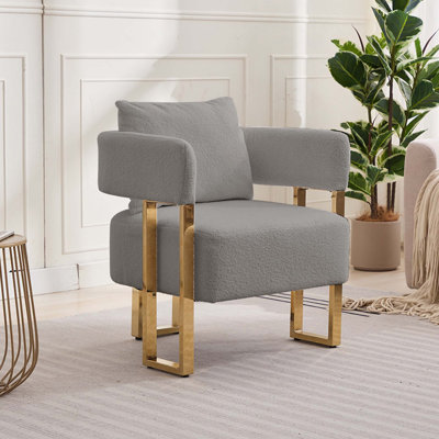 Set of 2 Modern Teddy Fleece Upholstered Accent Decorative Chair with Gold Metal Legs, No Wheels, for Dressing Area, Reception Room, Office