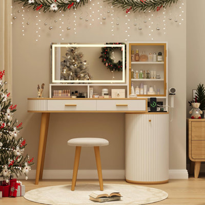 47.2" Lighted Mirror Vanity Desk with Drawer, Cabinet, Stool & USB Ports – Space-Saving Makeup Table for Bedroom