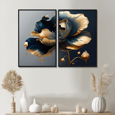 Bleu profond et fleur simple II - art floral floral mural 2 pièces