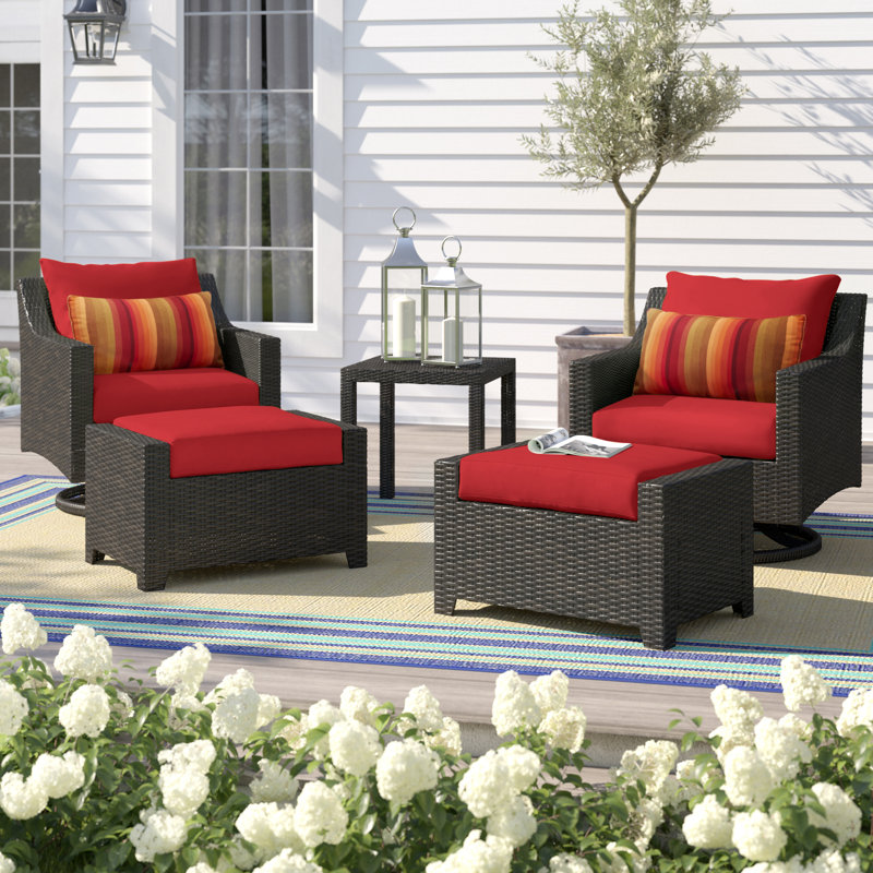 Mifflin 5 Piece Rattan Sunbrella 2 Person Seating Group with Cushions, Sunset Red Sunbrella