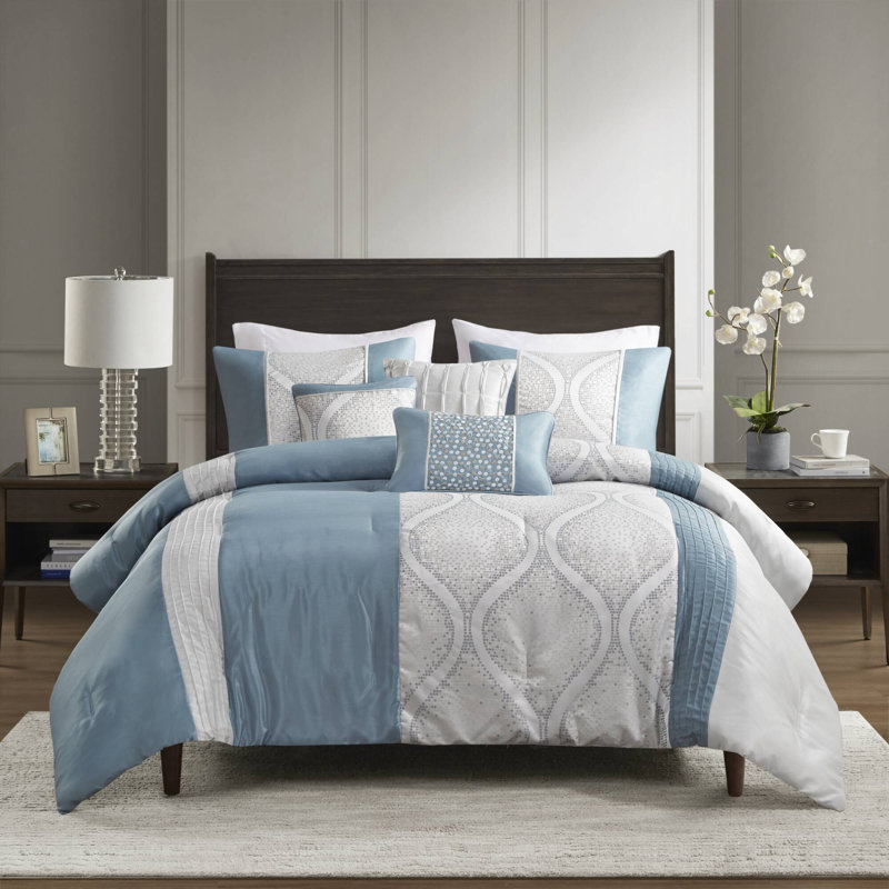 Lori 6 Piece Jacquard Comforter Set With Throw Pillows, Teal/Silver Striped, Full Comforter  + 5 Additional Pieces