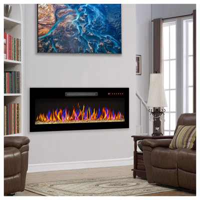 Recessed Thin Tempered Glass Electric Fireplace with Remote, Multi-Color Flame, LED Light, and Heater