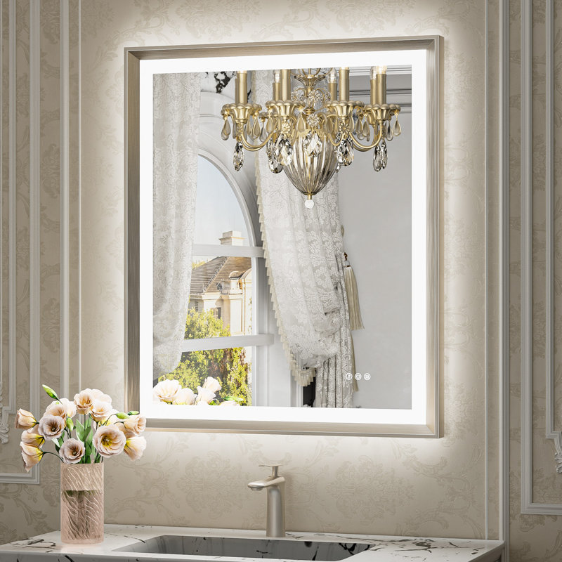 Miroir de salle de bain à DEL New Rockford, 32 po x 24 po, Rectangulaire, Nickel brossé