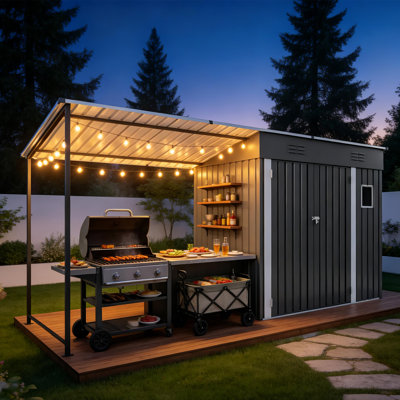 12x4ft Metal Lean to Shed with Open-Sided Pergola – 2-in-1 Outdoor Storage Shed & Hardtop Gazebo Combo for Patio, Backyard, Garden