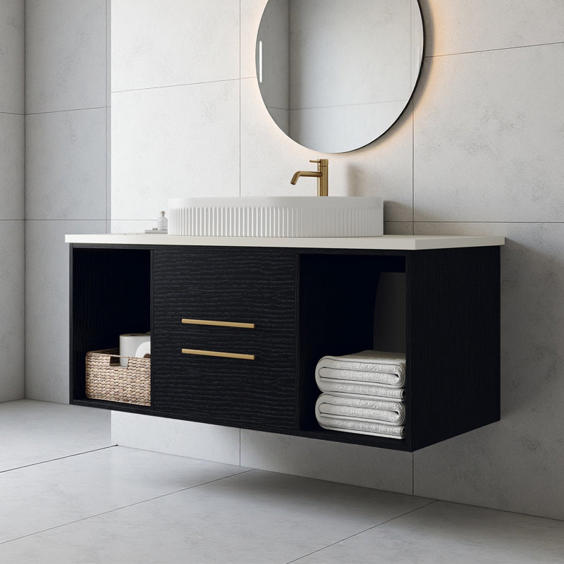 Modern Wall-Mounted Bathroom Vanity With Oval Ceramic Sink Floating Vanity Multi-Layer Solid Wood Cabinet Soft-Close Drawers Open Shelf Storage