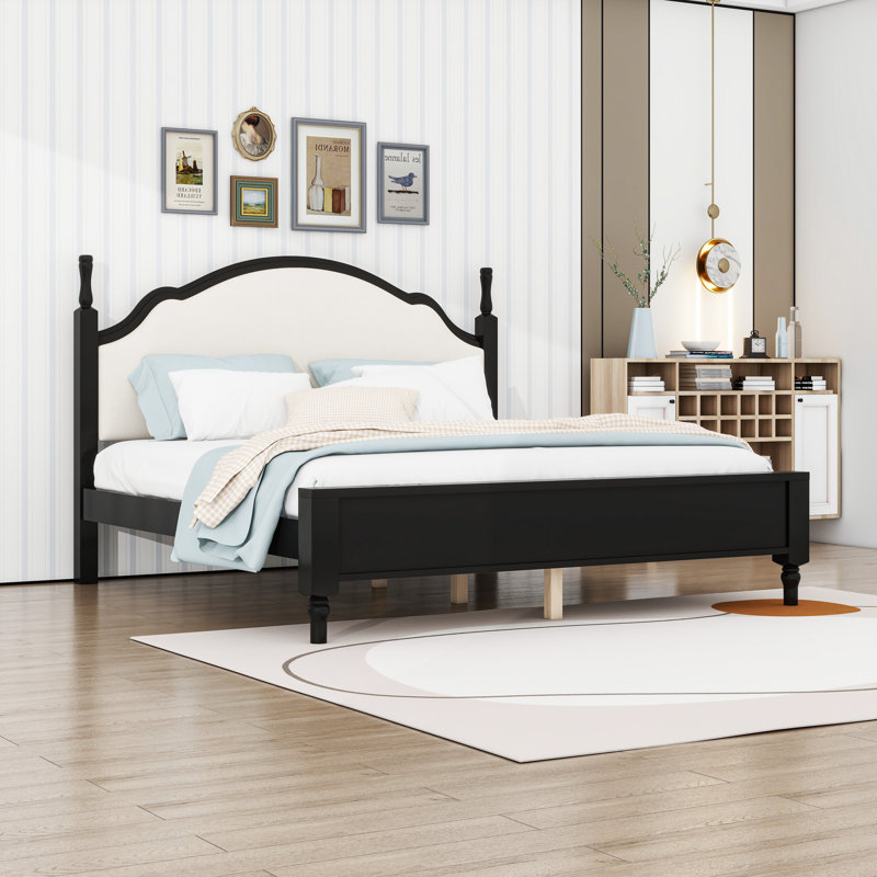 Wood Platform Bed with Upholstered Headboard, King, Black/Beige