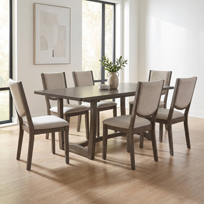7-Piece Extendable Dining Table Set with 6 Upholstered Chairs, Center-Extension Tabletop & Curved Back Seating – Rectangular Kitchen Table for 6, Dining Room and Breakfast Area