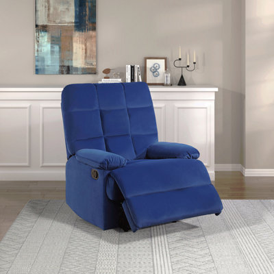 Fauteuil inclinable en velours bleu avec dossier capitonné, accoudoirs à dossier capitonné, meubles en bois massif, salon moderne avec fonction inclinable, 1 pièce