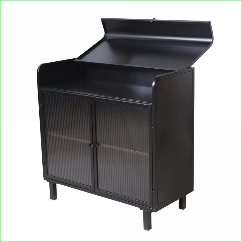 Sideboard Buffet Cabinet, Modern Black Steel Frame with Tempered Glass Doors, Flip Top &amp; Shelves | Steel | Tempered Glass