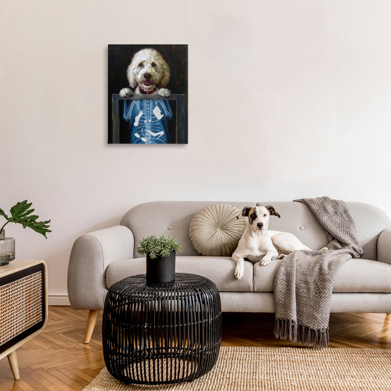 «Funny Dog X-Ray Snacks On Canvas» par Lucia Heffernan, peinture, H 30 po x l 24 po x P 1,5 po