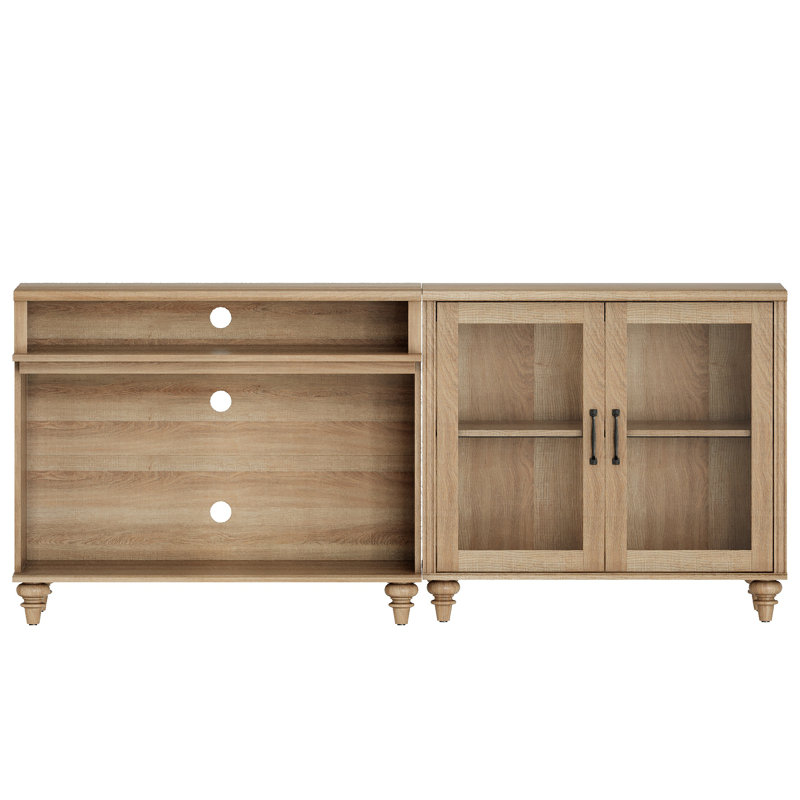 Sideboard Cabinet With 2 Glass Doors And 2 Open Shelves, Vintage Wood Grain Design, Buffet Cabinet With Storage, Coffee Bar For Dinning Room, Kitchen, And Living Room, Oak, 71 Inch
