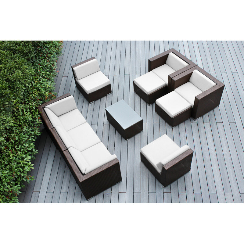 Ensemble de conversation en osier pour 7 personnes avec coussins Kiara, Toile Sunbrella® naturel, Brun foncé