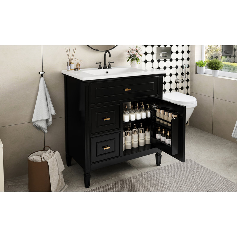 Meuble-lavabo de 30 po avec lavabo simple, structure en bois massif, planches, noir, un tiroir rabattable, deux tiroirs, une tablette réglable, beaucoup de rangement et de style, facile à assembler