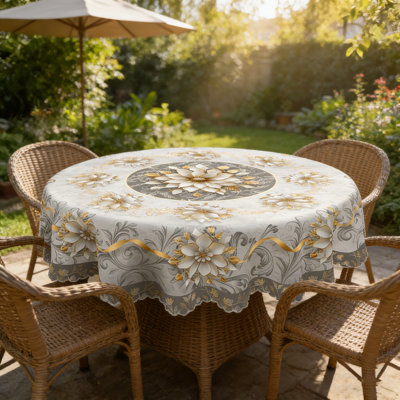 1pc elegant white and gold floral Lethea with a retro silver-gray luxury style, embossed edges, and durable woven polyester fabric, suitable for home kitchen, outdoor garden, festival gatherings, restaurant and banquet decoration