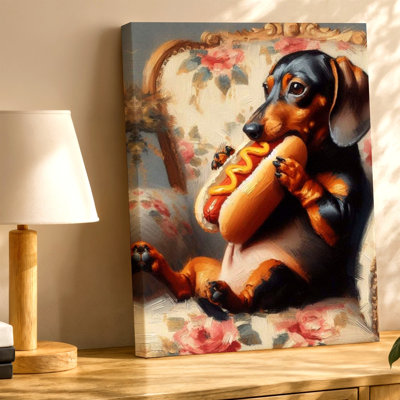 Funny Dachshund Dog Hot Dog Painting Floral Chair Animal Canvas Wall Art Print, Coordinated Color Funny Poster Artwork For Living Room Decor, Gallery Wall Accent, Modern Home Decor